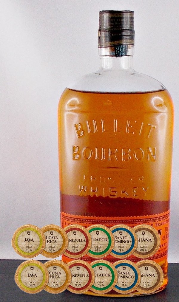 Bulleit Frontier Bourbon Whiskey + 12 Edelschokoladen in 6 Kakaovariationen