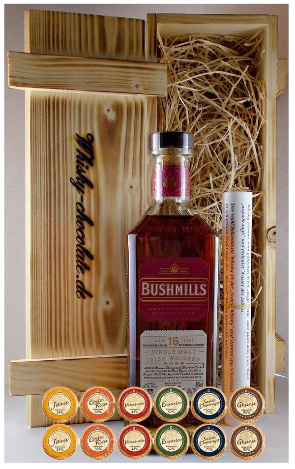 Geschenk Bushmills 16 Jahre irischer Single Malt Whiskey + 12 Edelschokoladen in Holzkiste