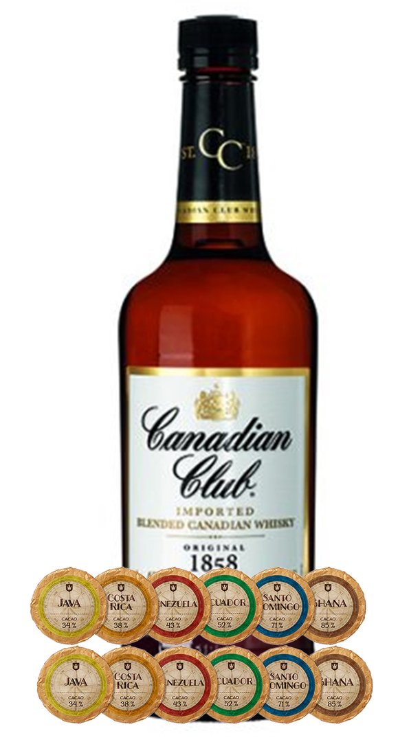 Canadian Club kanadischer Whisky + 12 Edelschokoladen in 6 Kakaovariationen