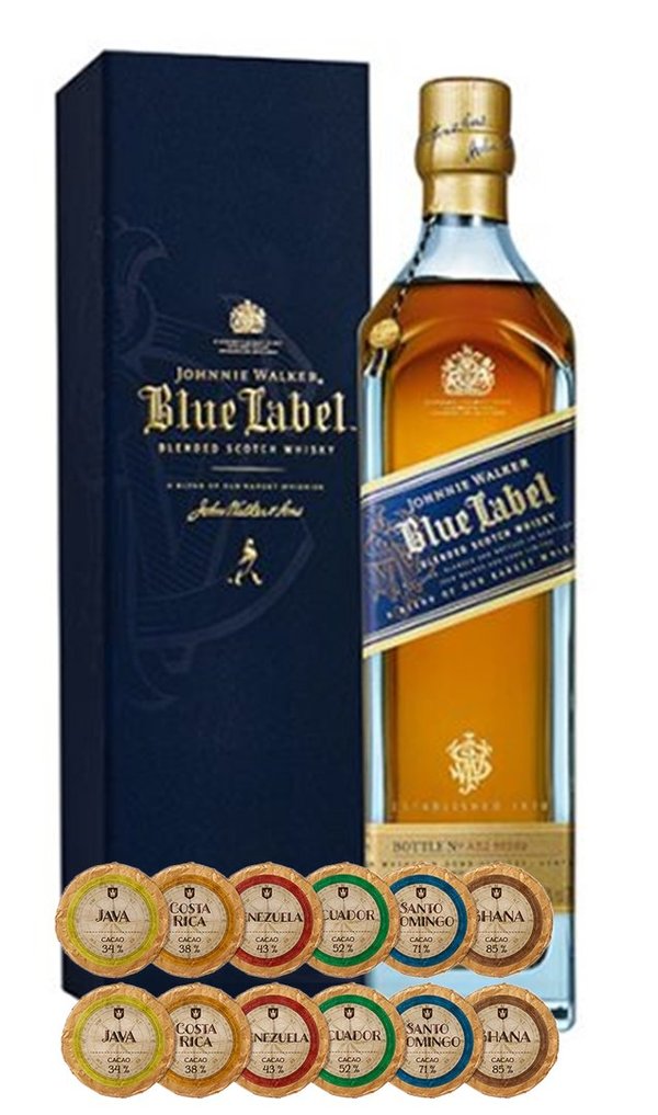 Johnnie Walker Blue Label Scotch Whisky + 12 Edelschokoladen in 6 Sorten