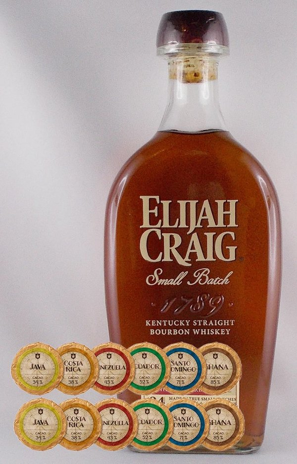 Elijah Craig Small Batch Bourbon Whiskey + 12 Edelschokoladen in 6 Sorten