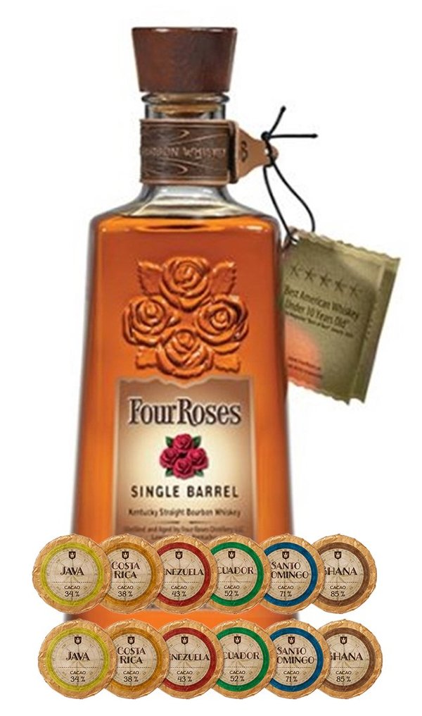Four Roses Single Barrel Kentucky Straight Bourbon Whiskey + 12 Edelschokoladen in 6 Sorten