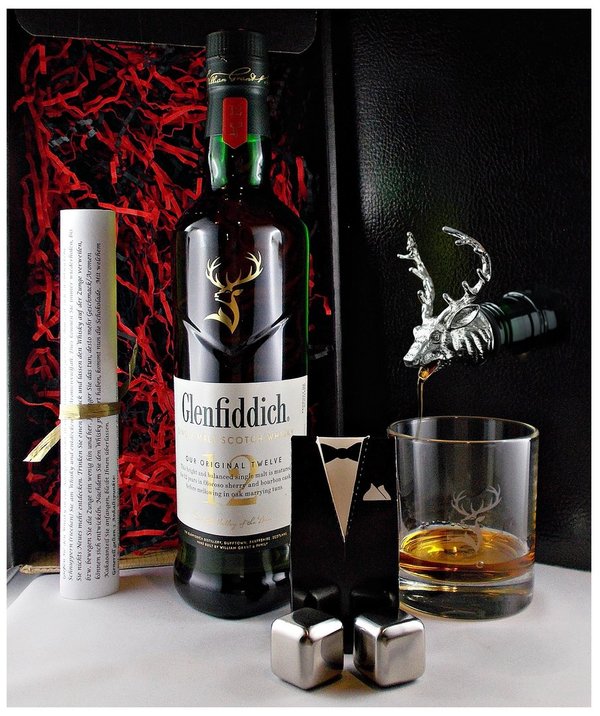 Geschenk Glenfiddich 12 Jahre Single Malt Whisky + Original Glas + Ausgießer Hirschkopf + 2 Whiskey